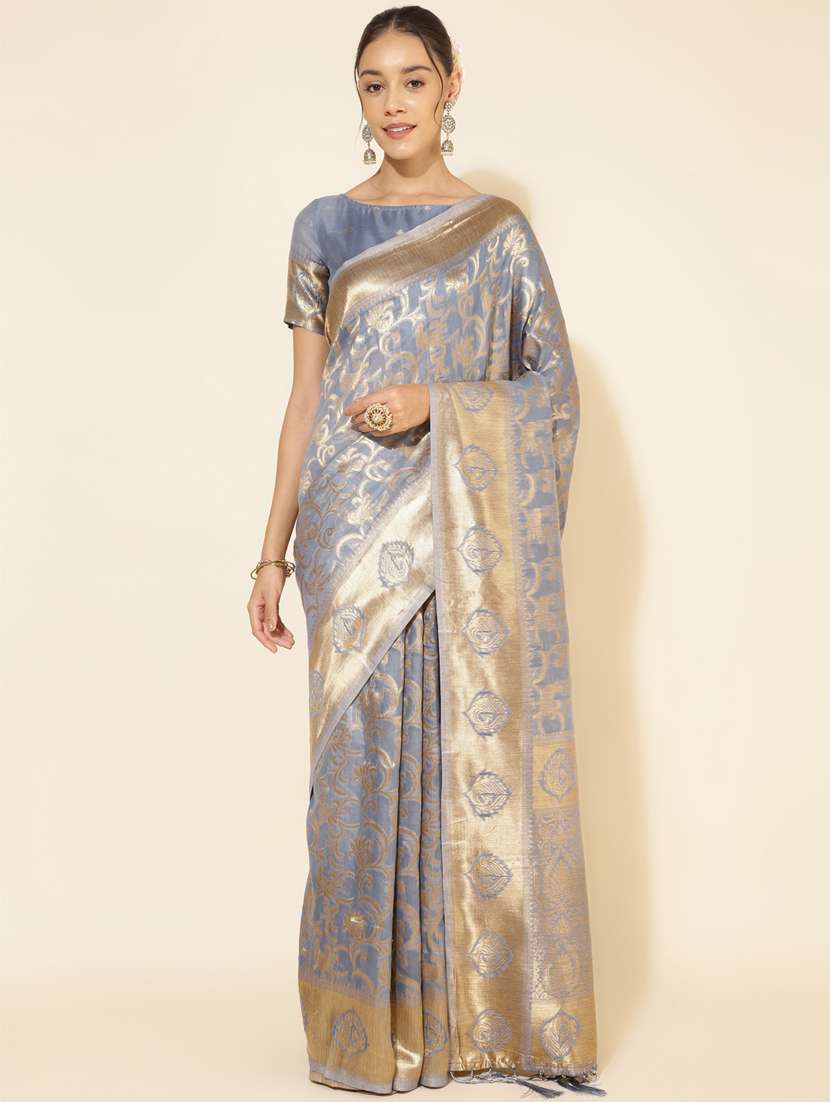 women's floral grey colored saree with blouse