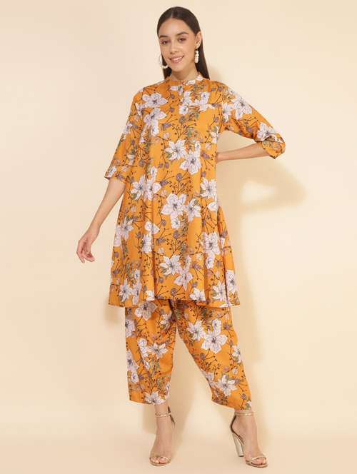 women mustard mandarin neck co-ord sets - 20500996 -  Standard Image - 0
