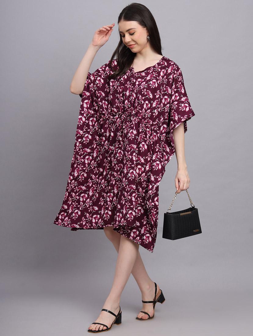 burgundy floral print relaxed fit kaftan - 20501142 -  Standard Image - 1