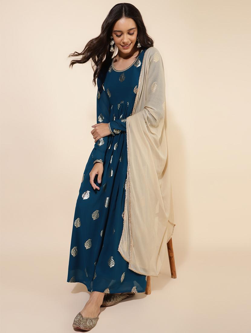 women blue round neck flared kurta - 20501156 - Standard Image - 1
