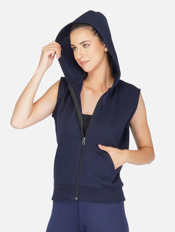 navy blue solid sleeveless hooded jacket - 20501469 - Zoom Image - 0