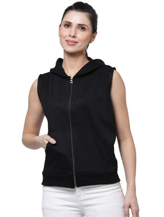 black solid sleeveless hooded jacket