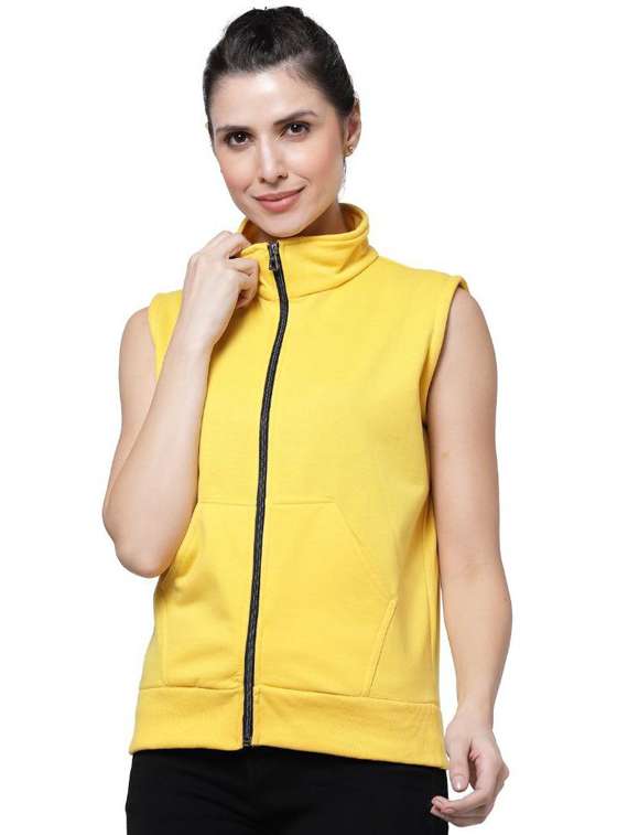 women yellow solid sleeveless jacket