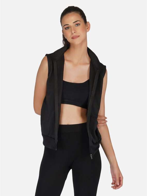black solid sleeveless regular jacket 