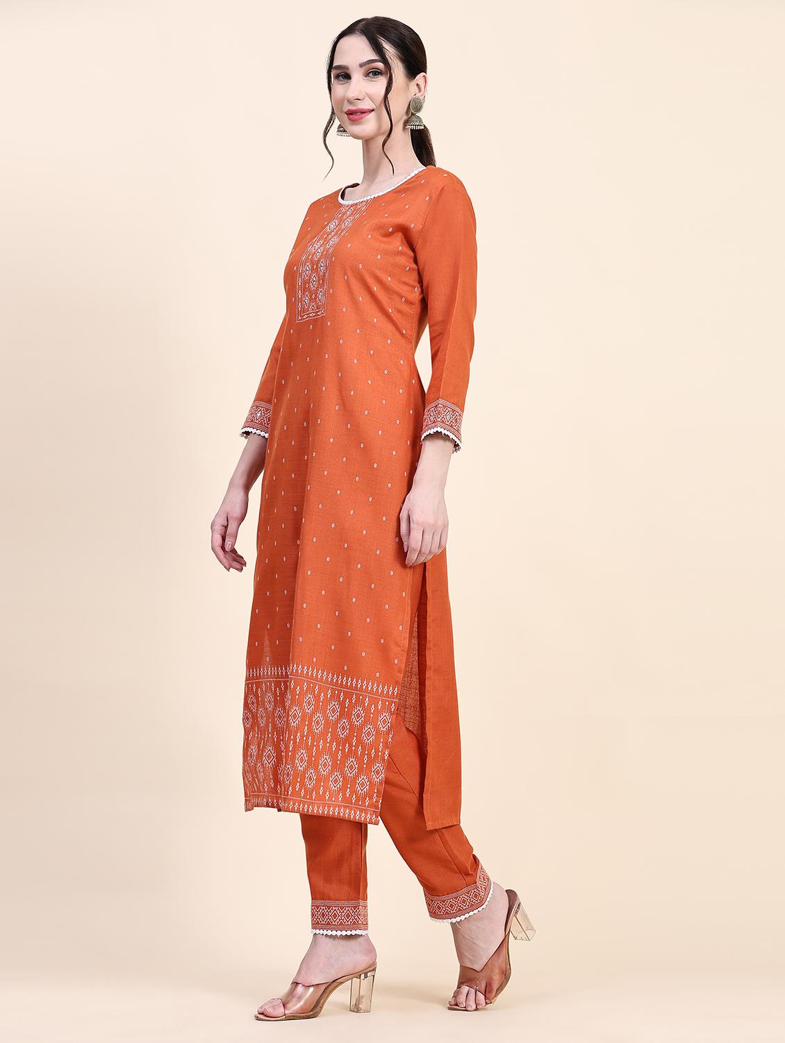 orange three quarter sleeve kurta pant set - 20502605 - Standard Image - 1