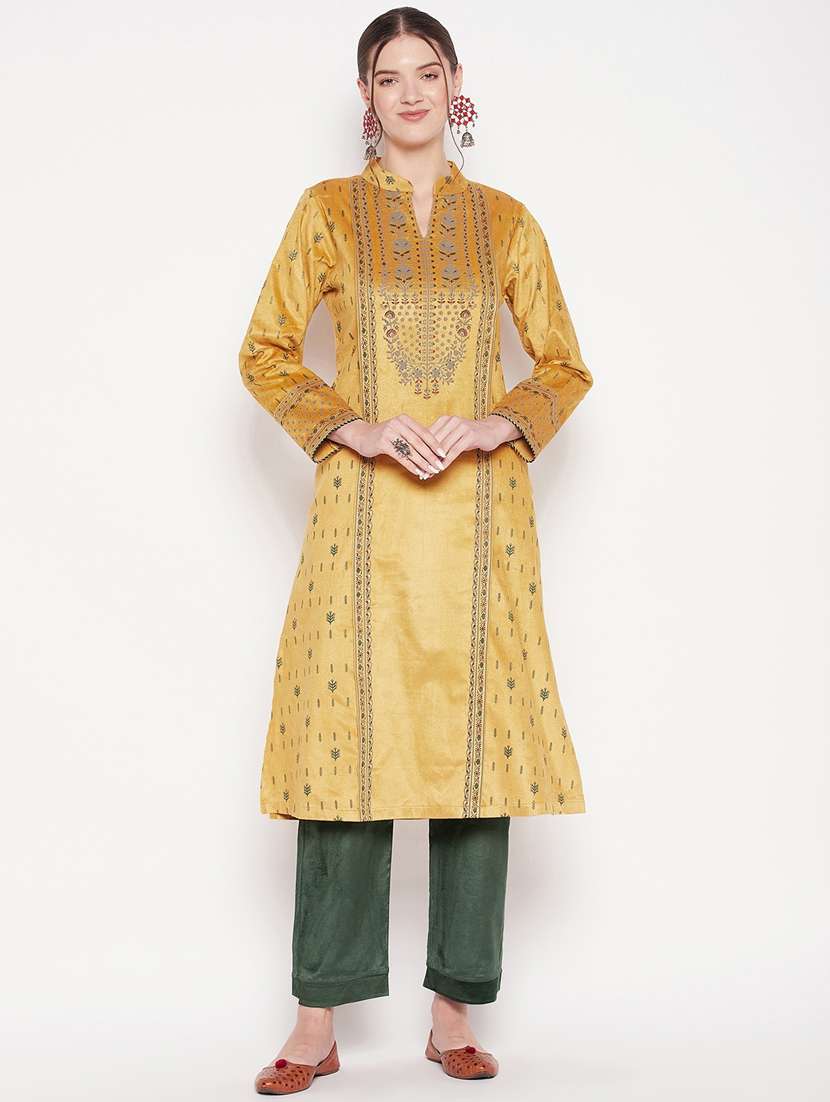 women yellow mandarin neck kurta pant set