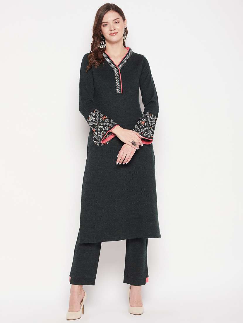 women long sleeve woollen kurta pant set