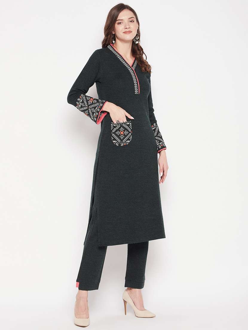 women long sleeve woollen kurta pant set - 20506616 -  Standard Image - 1