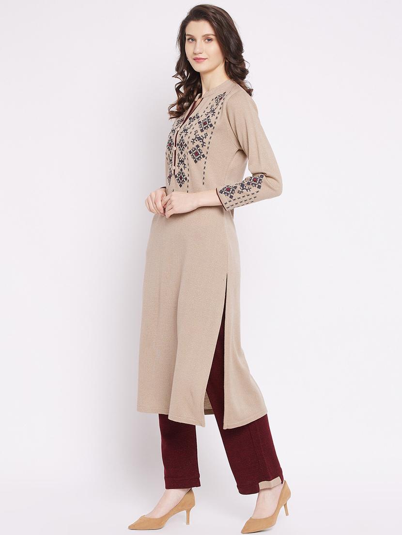 women beige mandarin neck kurta pant set - 20506634 - Standard Image - 1
