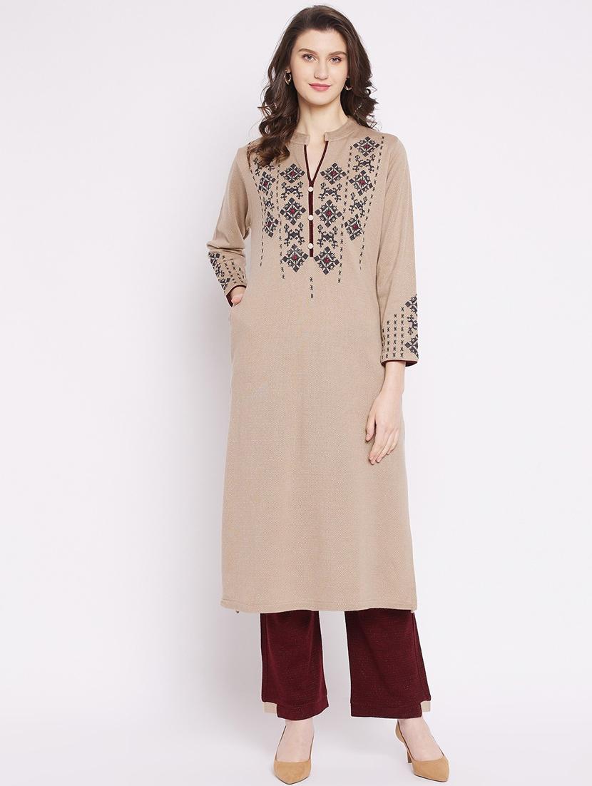 women beige mandarin neck kurta pant set - 20506634 - Standard Image - 4