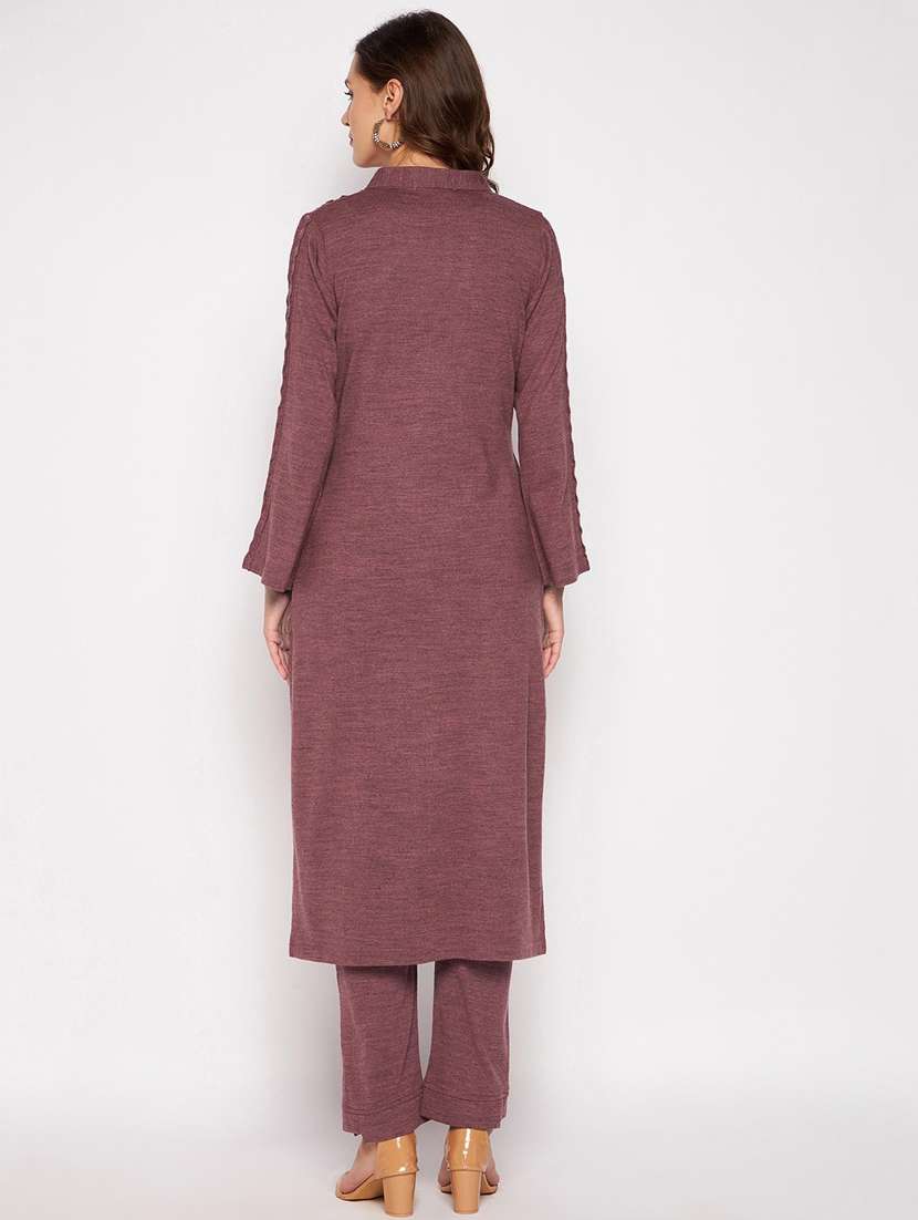 women mauve self design long sleeve kurta pant set - 20506786 -  Standard Image - 1