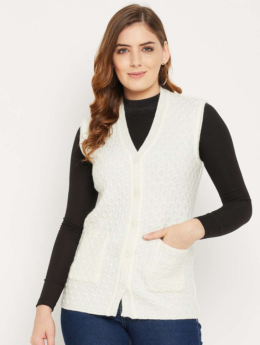 Women White Sleeveless Cardigan