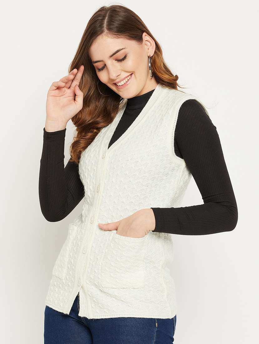 Women White Sleeveless Cardigan