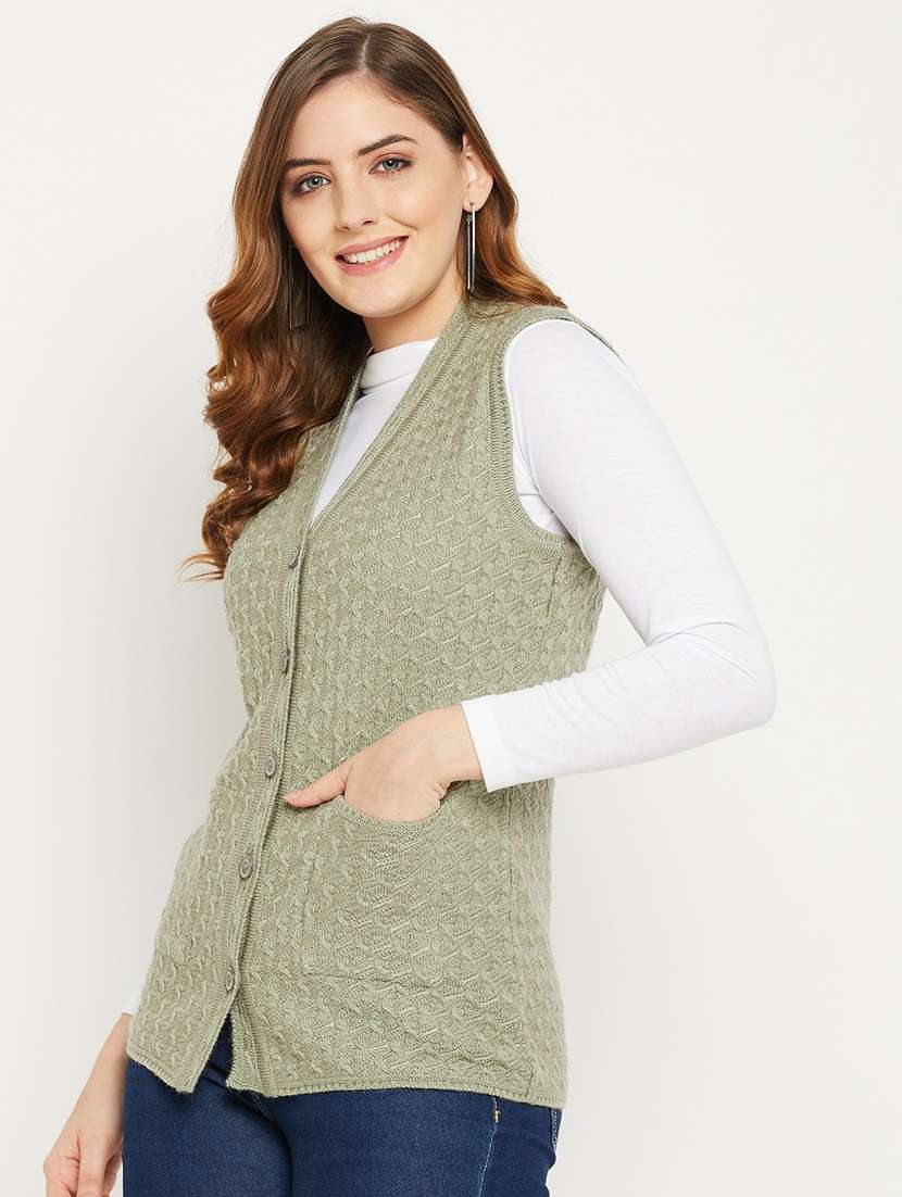 Women Green Sleeveless Cardigan