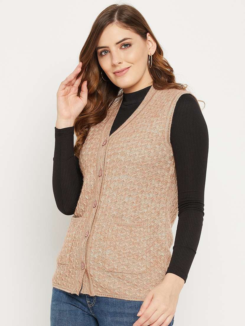 Women Tan Sleeveless Cardigan - 20507013 -  Standard Image - 1