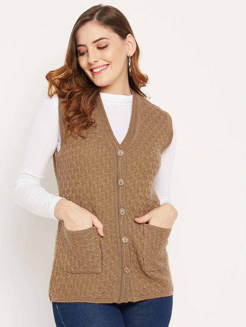 women brown sleeveless cardigan