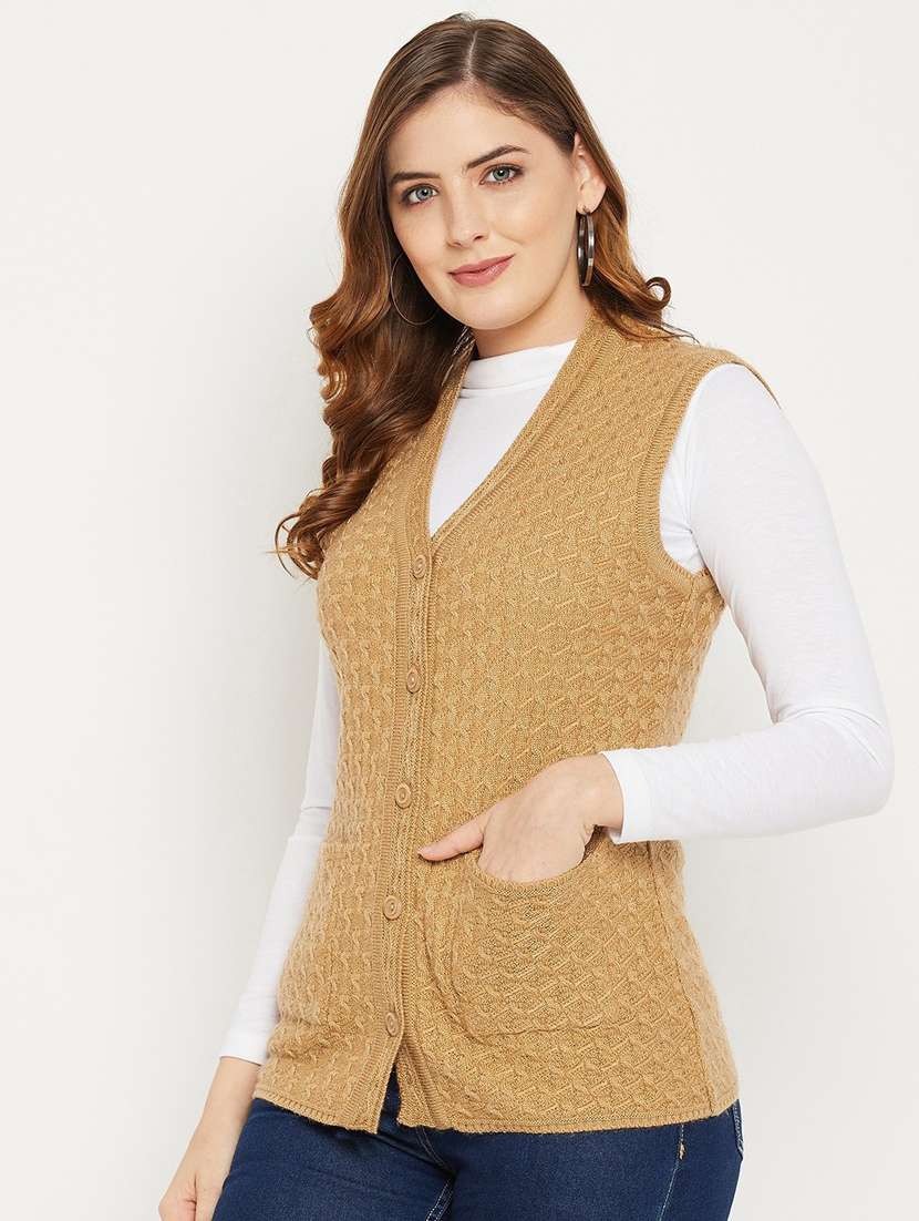 women khaki sleeveless cardigan - 20507027 -  Standard Image - 1