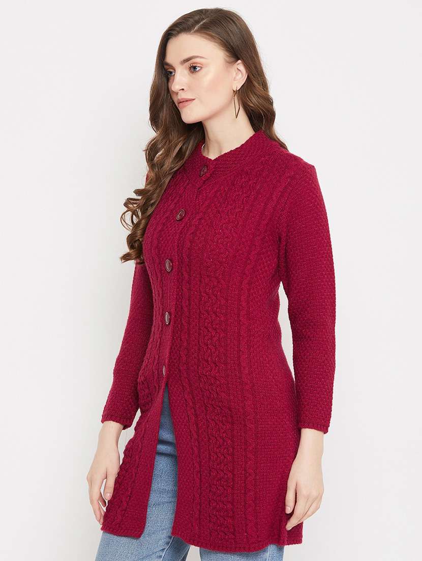 maroon self designed woolen cardigan - 20507052 -  Standard Image - 1