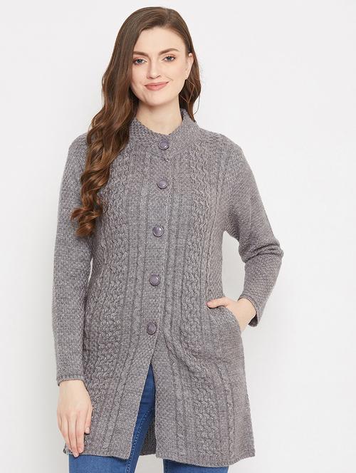 grey self designed woolen cardigan - 20507054 -  Standard Image - 0