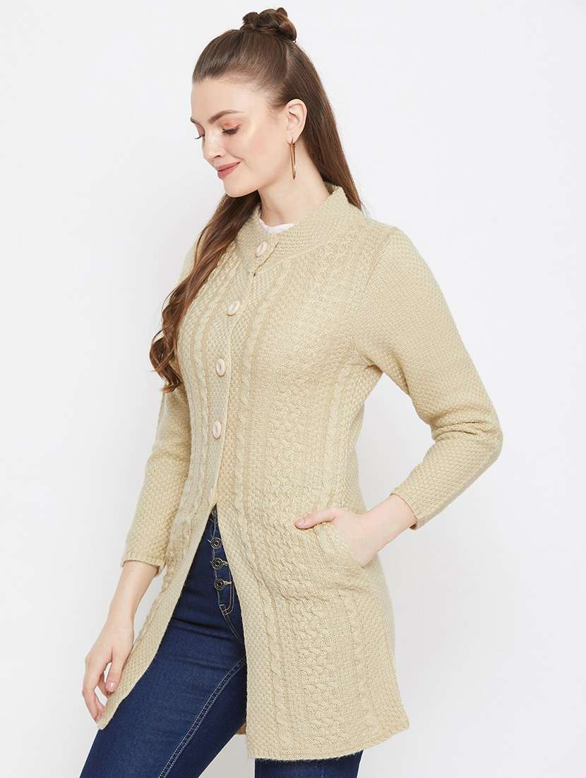 beige self designed woolen cardigan - 20507056 -  Standard Image - 1