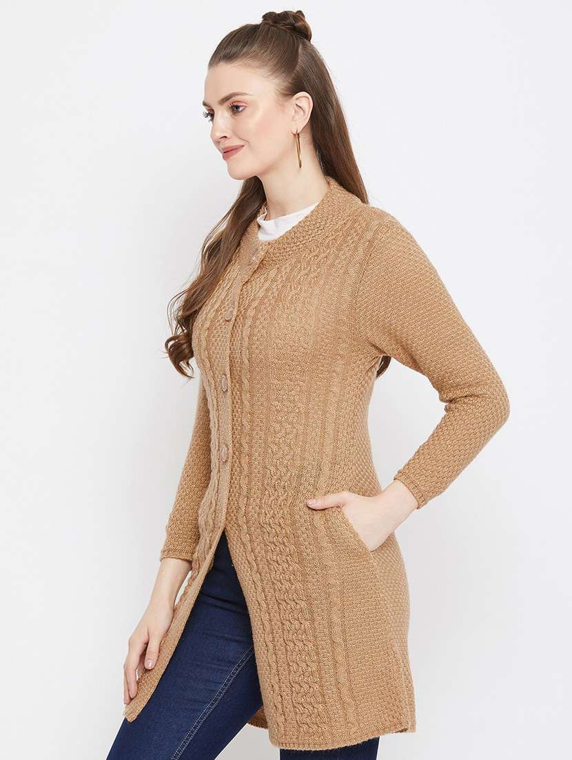 brown self designed woolen cardigan - 20507057 -  Standard Image - 1