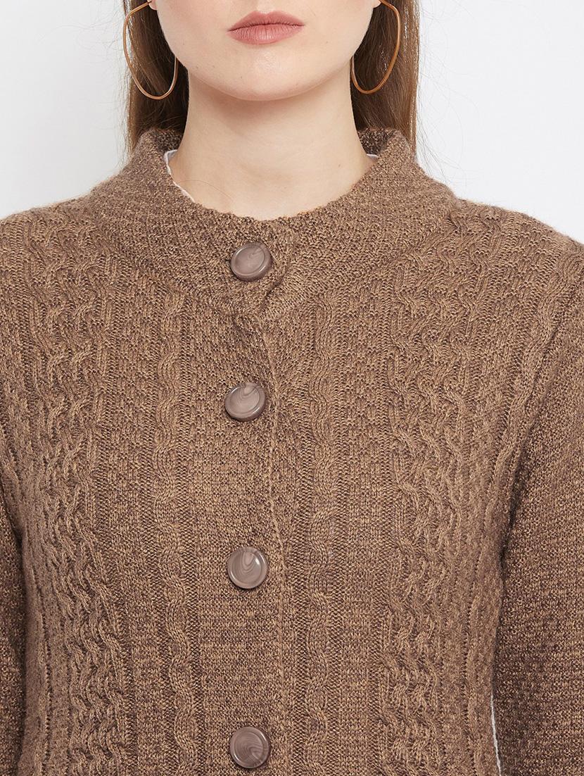 brown self designed woolen cardigan - 20507059 - Standard Image - 4