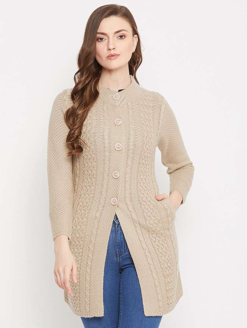 beige self designed woolen cardigan