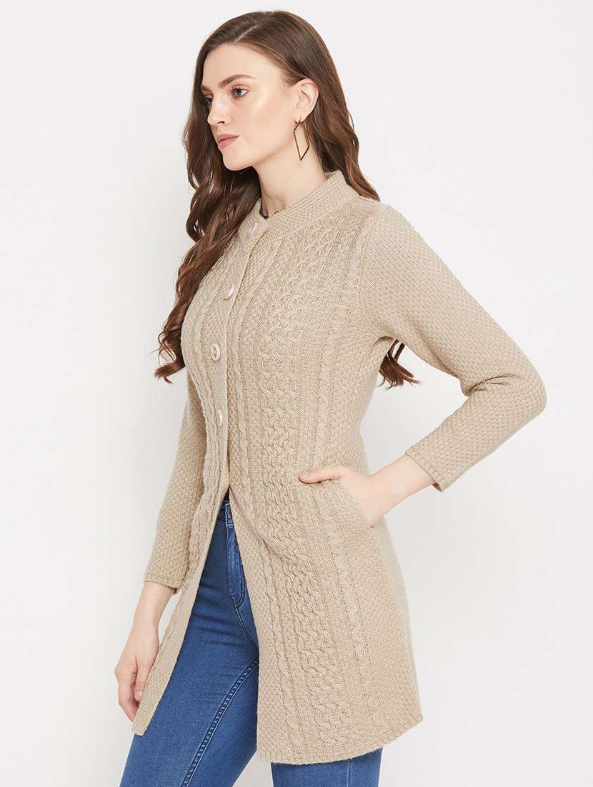 beige self designed woolen cardigan - 20507061 -  Standard Image - 1