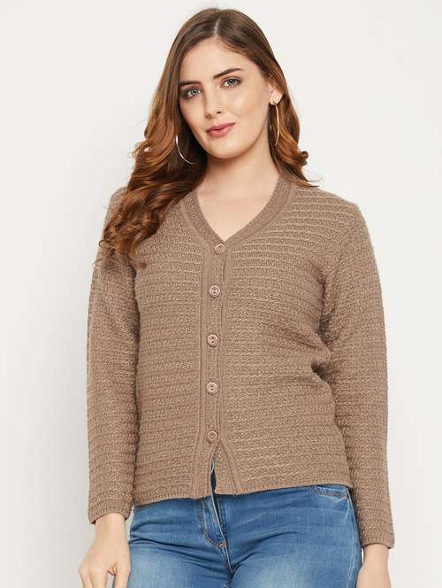 beige self designed woolen cardigan - 20507062 -  Standard Image - 0