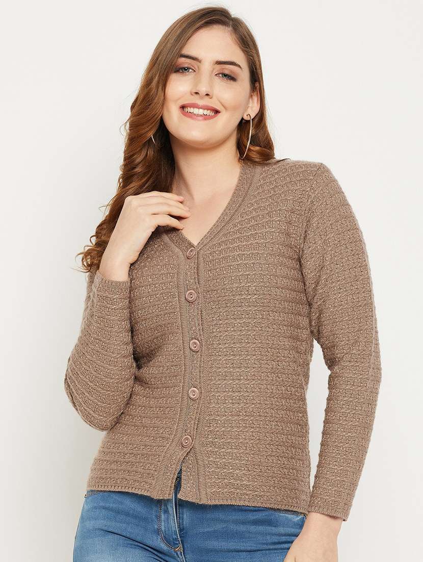 beige self designed woolen cardigan - 20507062 -  Standard Image - 1