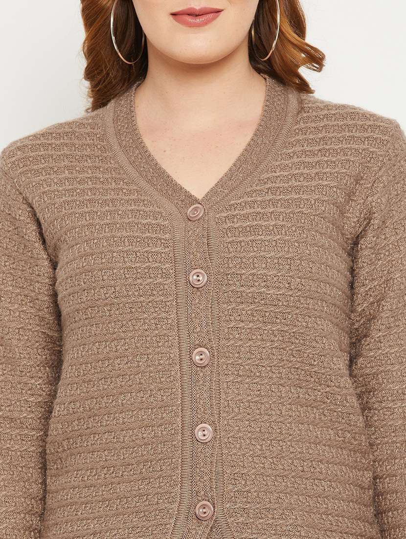 beige self designed woolen cardigan - 20507062 -  Standard Image - 4