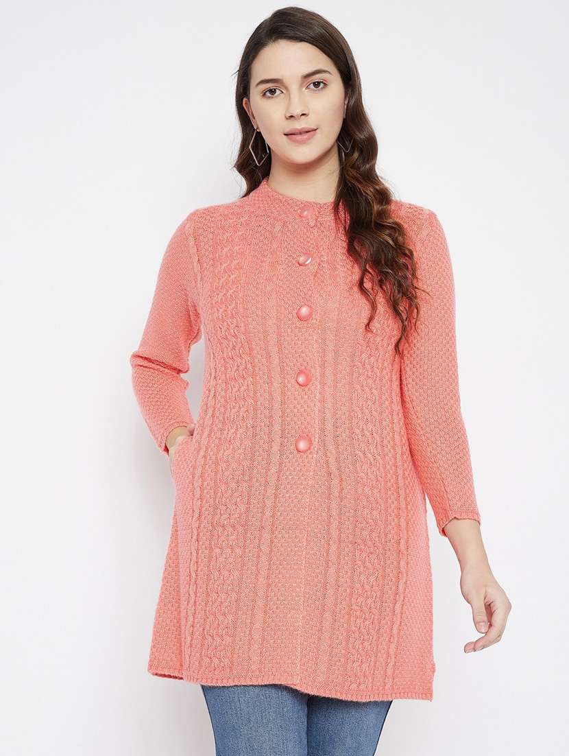 peach self designed woolen cardigan