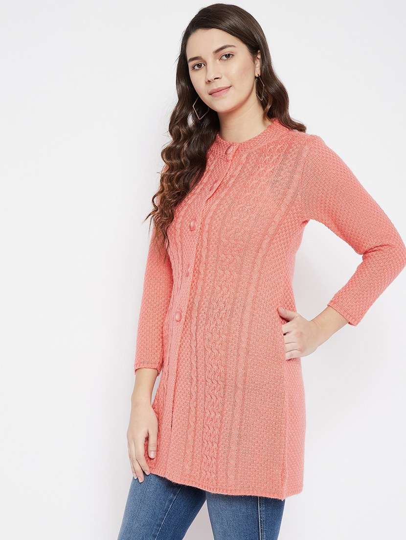 peach self designed woolen cardigan - 20507086 -  Standard Image - 1