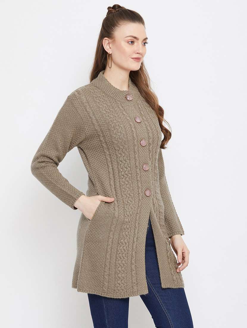 olive self designed woolen cardigan - 20507087 -  Standard Image - 1