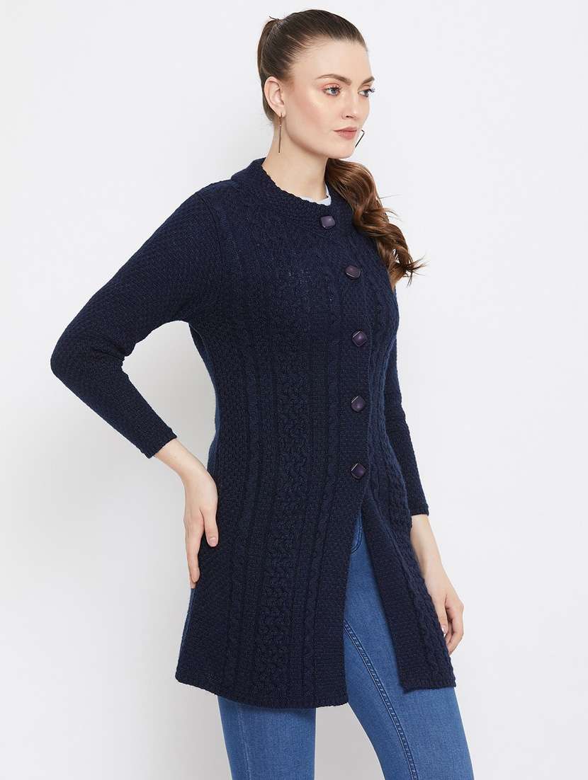 navy blue self designed woolen cardigan - 20507088 -  Standard Image - 1