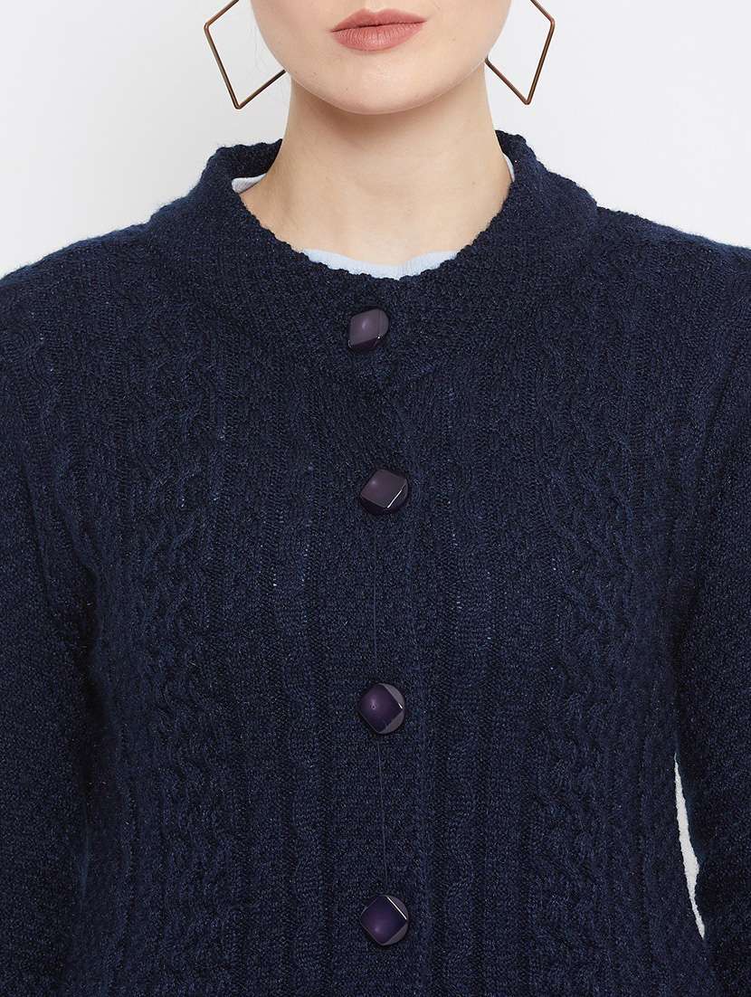 navy blue self designed woolen cardigan - 20507088 -  Standard Image - 4