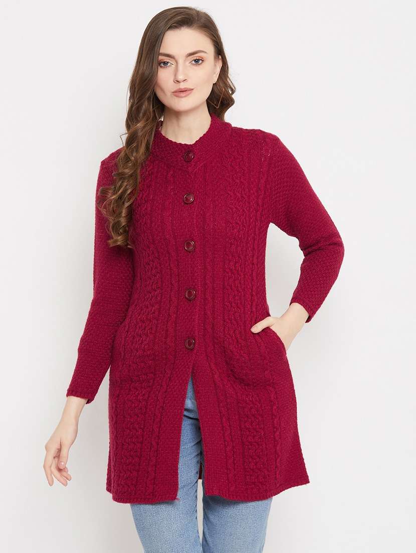 maroon self designed woolen cardigan