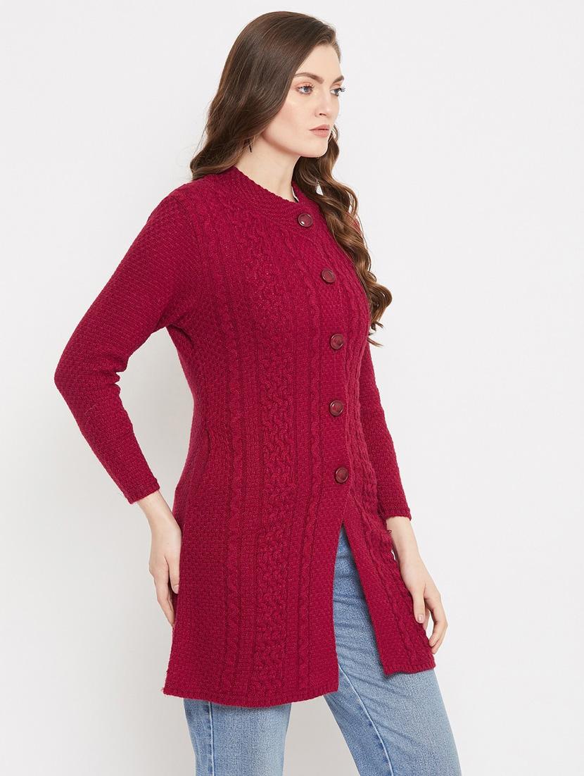maroon self designed woolen cardigan - 20507091 - Standard Image - 1