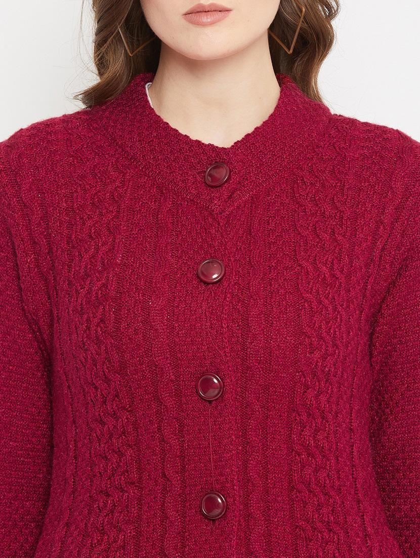 maroon self designed woolen cardigan - 20507091 - Standard Image - 4