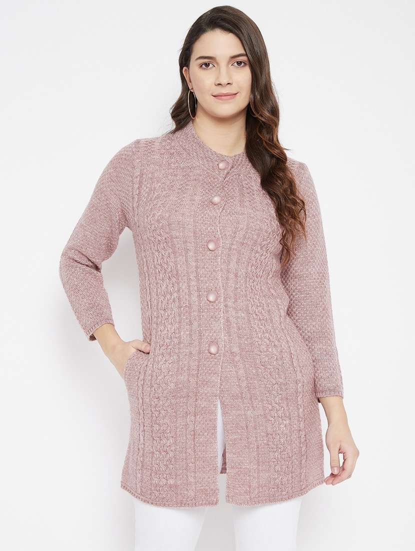 women pink self designed woolen cardigan