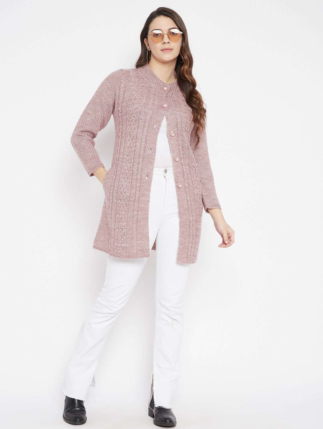women pink self designed woolen cardigan - 20507093 -  Standard Image - 4