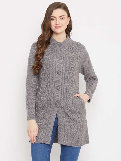 grey self designed woolen cardigan - 20507094 -  Standard Image - 0