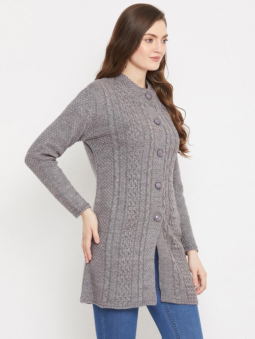 grey self designed woolen cardigan - 20507094 - Standard Image - 1