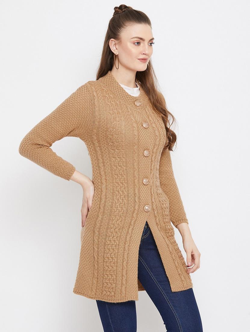 brown self designed woolen cardigan - 20507096 - Standard Image - 1