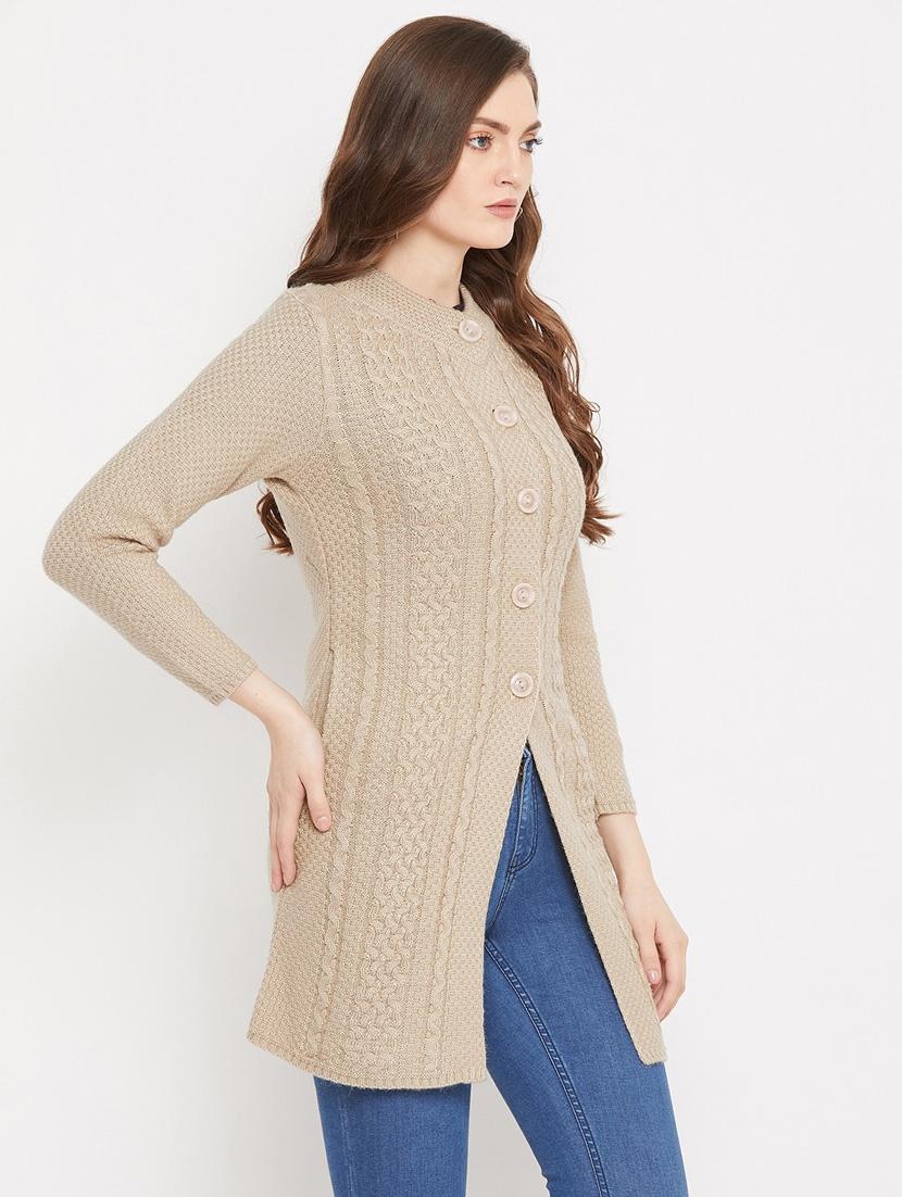 taupe self designed woolen cardigan - 20507099 - Standard Image - 1