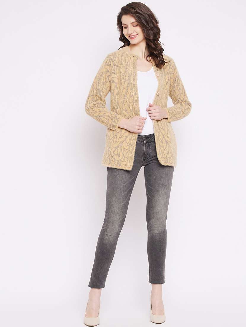 Beige Self Designed Woolen Cardigan - 20507102 -  Standard Image - 4
