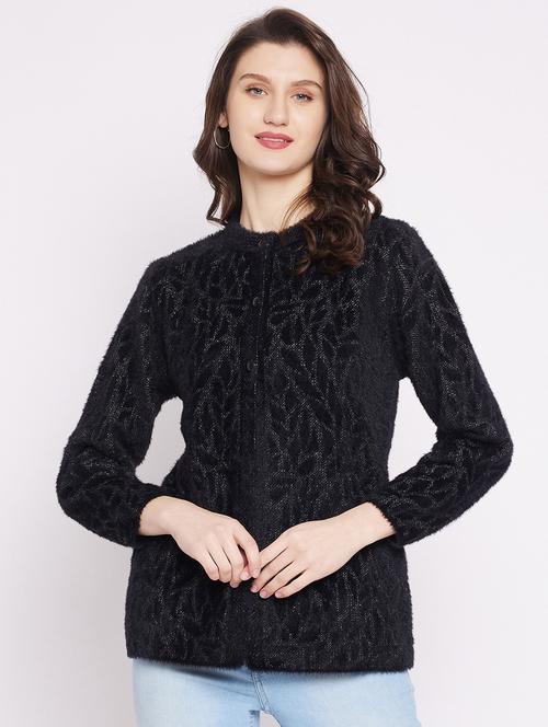 black self designed woolen cardigan - 20507103 -  Standard Image - 0