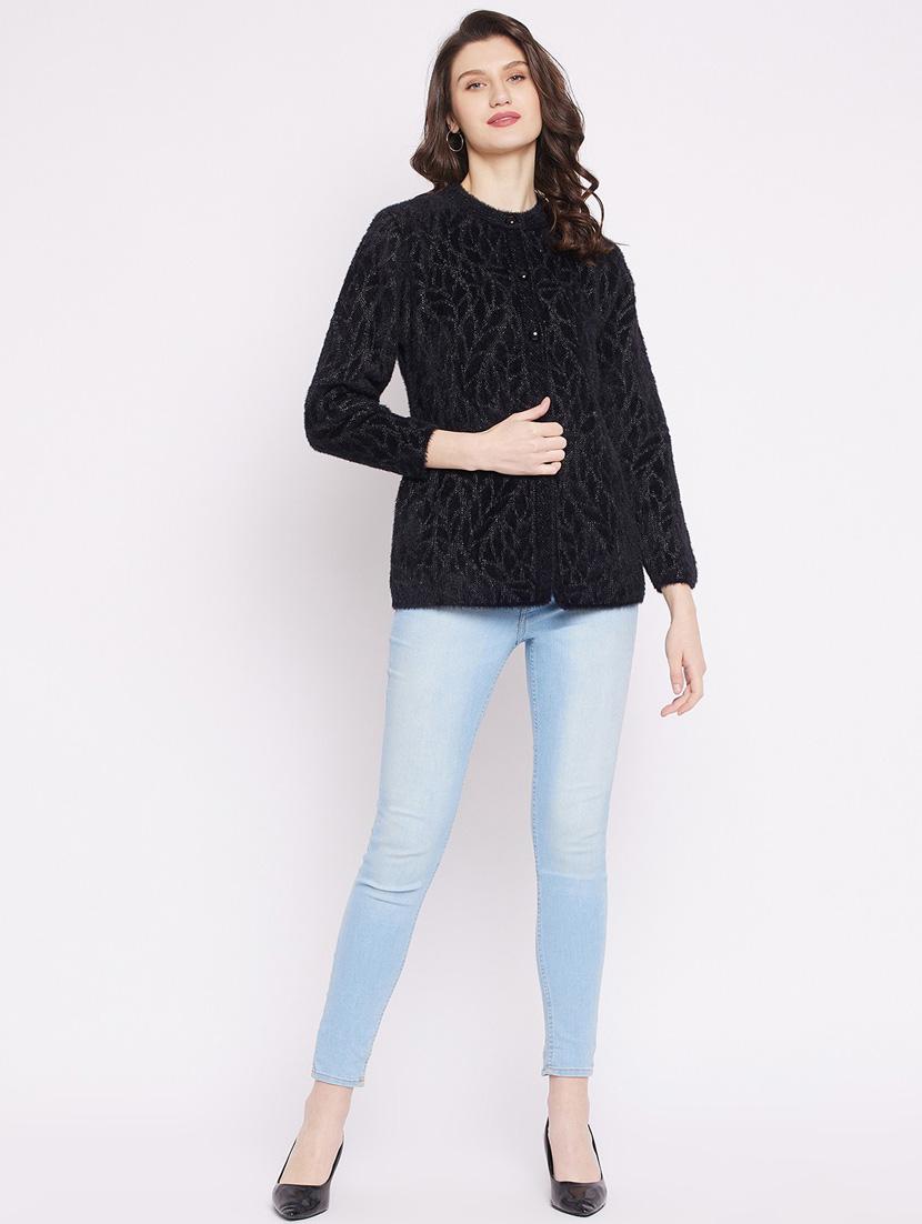 black self designed woolen cardigan - 20507103 - Standard Image - 4