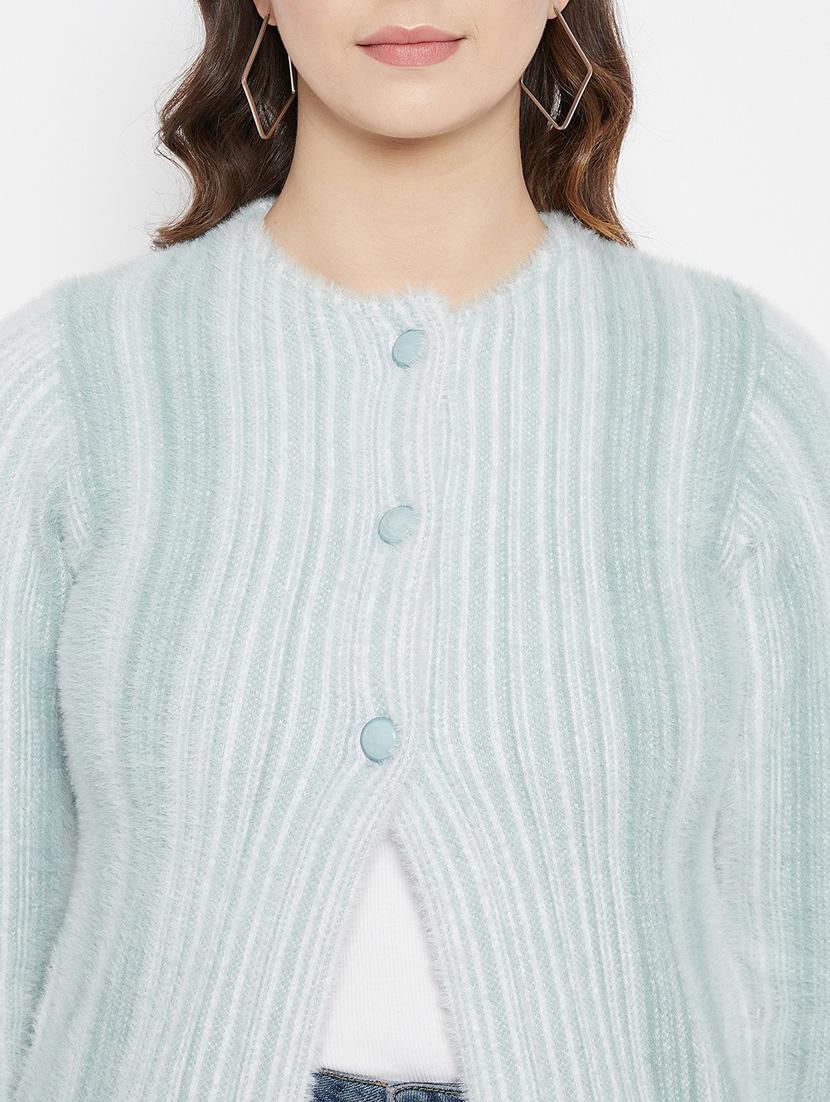 light blue self designed woolen cardigan - 20507105 - Standard Image - 4