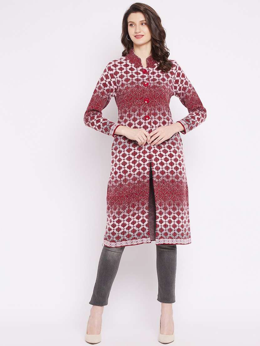 maroon self designed woolen cardigan